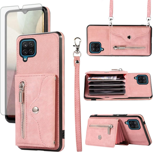 Phone Case for Samsung Galaxy A12/M12 Wallet Cover with Wrist Crossbody Strap Shoulder Lanyard Credit Card Holder Stand Leather Cell Accessories A...