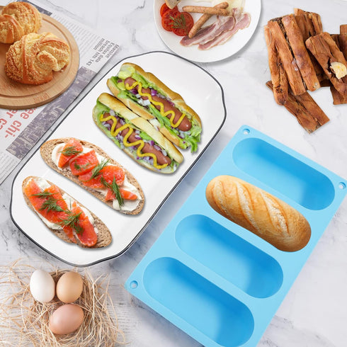 CANIPHA 2 Pack Hot Dog Bun Pan, Silicone Hot Dog Bun Molds Sausage Mold Nonstick & Heat proof Baking Pan Bread Mold for Homemade Hotdog Bun Rolls...