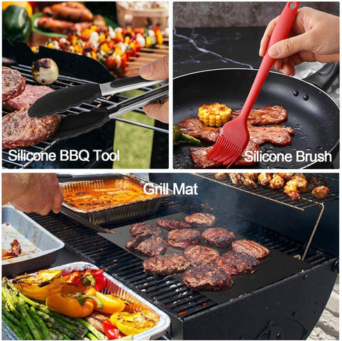 Dailyart Grill Mats Set of 4 with 13" BBQ Tongs & Silicone Brush, 100% Non Stick BBQ Grill Mat & Baking Mats, Reusable Teflon Grill Matt for Outdo...