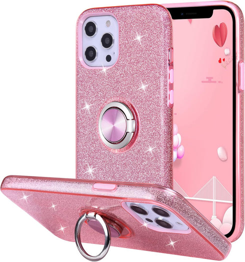 Wisdompro Case for iPhone 12 Pro Max, Cute Glitter Bling Sparkle Protective Case with Ring Kickstand, Women Girls Phone Case for 6.7 Inch Apple iP...