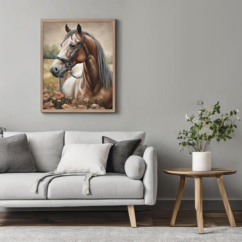 Posterizer 1 pcs- Beautiful brown horse in the middle of a flower garden-Art for Animal Lovers-Floral Botanical Art- Gift for Men Women Teens-Liv...
