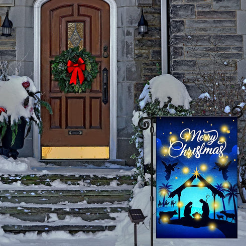 Nativity Christmas Lighted Garden Flag Christmas Outside Decor Solar LED Burlap Religious Merry Christmas Yard Flag Rustic Holy Night Farmhouse Ya...