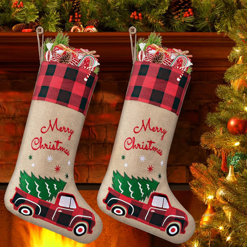 yuboo Burlap Christmas Stockings with Red Truck Xmas Decor 2 Pack, Buffalo Plaid Christmas Stockings 18-Inch Red Truck Christmas Ornaments Decorat...