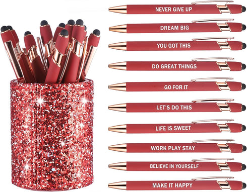 10 Pcs Ballpoint Pens with Pen Holder,Fine Point Smooth Writing Pens,Kawaii Pens For Writing Journaling Taking Notes School Office Home. (Red 10Pc...