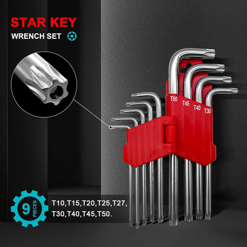 HAUTMEC Star Wrenche Set Star Key Set L Shape Metric Allen Wrench Set 9-Piece, Chrome Vanadium Steel and Drilled tips for Tamper Resistant Fastene...