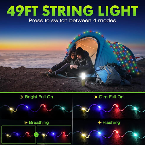 Camping String Light 49ft / Lantern / Flashlight / Portable Nightstand Lamp, Multifunctional Ambience Outdoor Lighting, Rechargeable Power Bank, B...