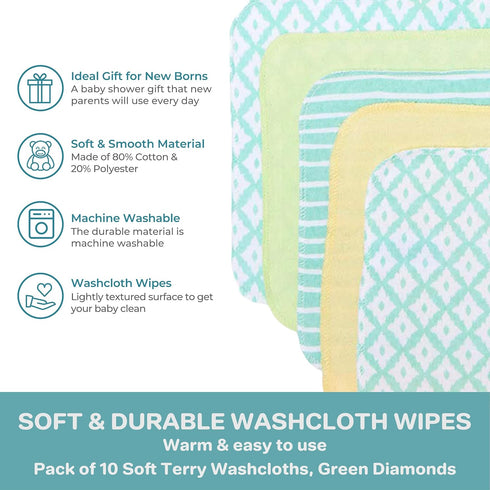 Spasilk Washcloth Wipes Set for Newborn Boys and Girls, Soft Terry Washcloth Set, Pack of 10, Green Diamonds...