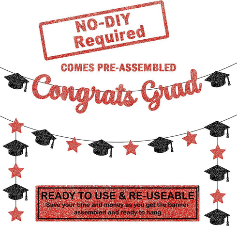 KatchOn, Glitter Congrats Grad Banner Red and Black - 10 Feet | Black and Red Graduation Banner, Grad Cap Garland for Grad Decorations Class of 20...