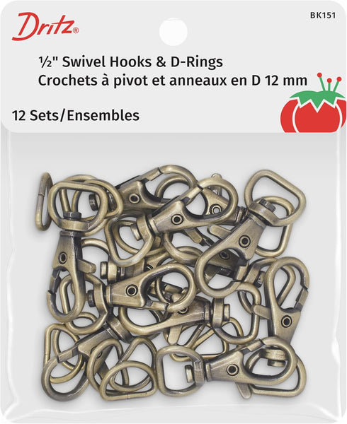 Dritz Swivel Hooks & D Rings 1/2in Antique Brass Bag & Tote Accessories, 1/2", 12ct...