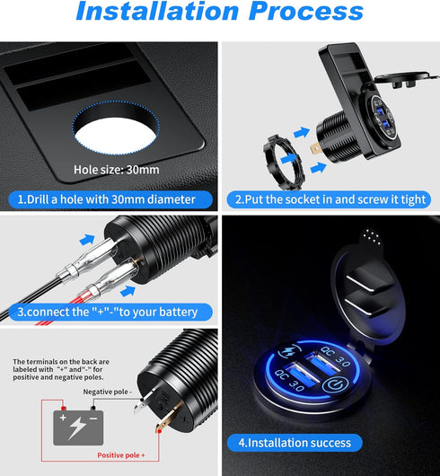 2Pack Quick Charge 3.0 Dual USB Charger Socket, Waterproof 36W USB Outlet Fast Charge with Touch Switch & Blue LED DIY Kit for 12V/24V Car Boat Ma...