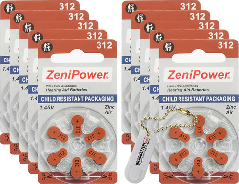 60 Hearing Aid Batteries Size: 312 + Battery Holder Keychain Kit...