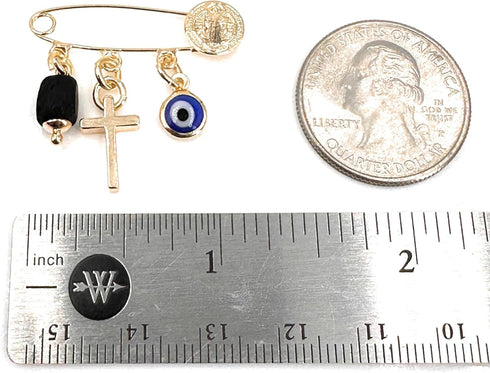 LESLIE BOULES Gold Plated Saint Benedict Baby Brooch Jeweled Safety Pin Genuine Azabache and Evil Eye Pendant Protection Jewelry...