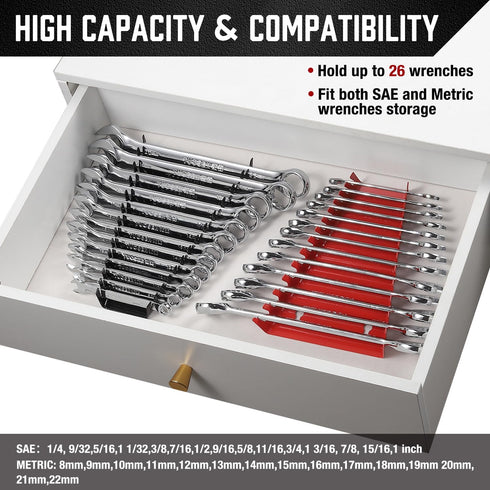 ALOANES 26-Slot Metal Wrench Organizer, Heavy Duty Hanging Wrench Organizer Tray for Tool Box&Wall, Fit SAE & Metric Wrench Storage, 2 Pack Wrench...