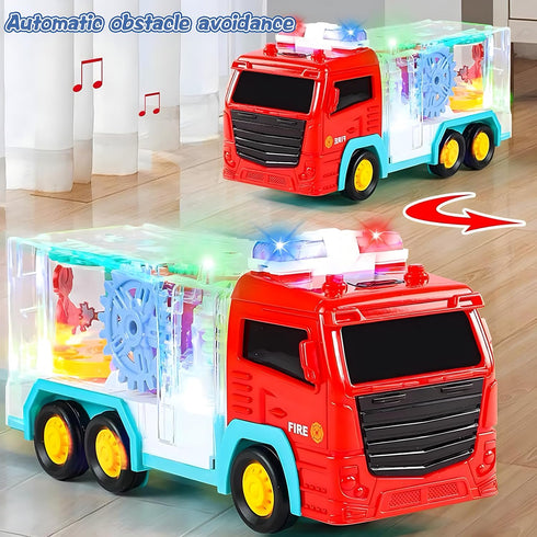 Light Up Sensory Car Toy for Kids,Transparent Gear Fire Truck Toy with Colorful Moving Gears Music and Lights Effects,Educational Tummy Time Toys ...
