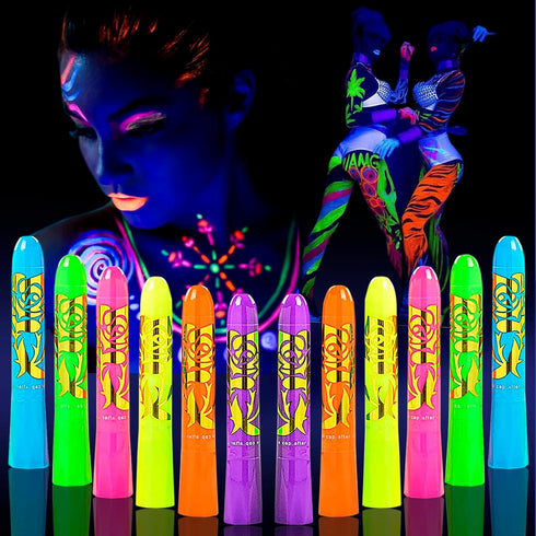 12 Pcs Glow in The Dark Face Body Paint, UV Black Light Glow Makeup Kit for Kids Adult, Non-Toxic Fluorescent Face Paints Crayons for Birthday Par...