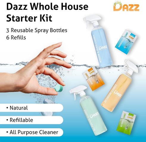 DAZZ Whole House Starter Kit (3 Reusable Spray Bottles, 6 Refills) Natural All Purpose Cleaner, Glass and Window Cleaner, and Bathroom Cleaner - E...