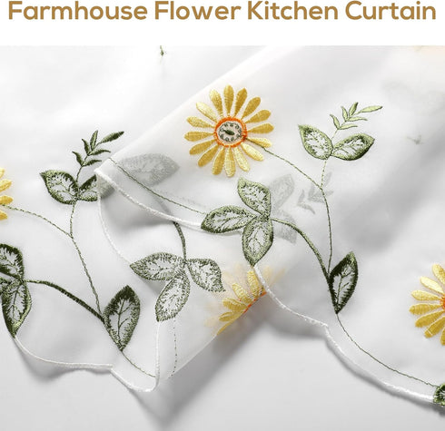 Sheer Embroidery Valance for Window with Daisy - Short Farmhouse Flower Kitchen White Curtain, 17x70inch, 1 Panel, ZHH...