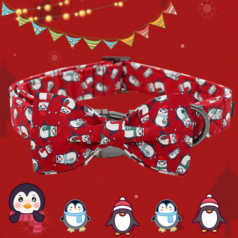 Elegant little tail Dog Collar, Christmas Dog Collar Red Penguins Holiday Pet Collar Dog Bow Collar Pet Durable Adjustable Girl Boy Dog Collar for...
