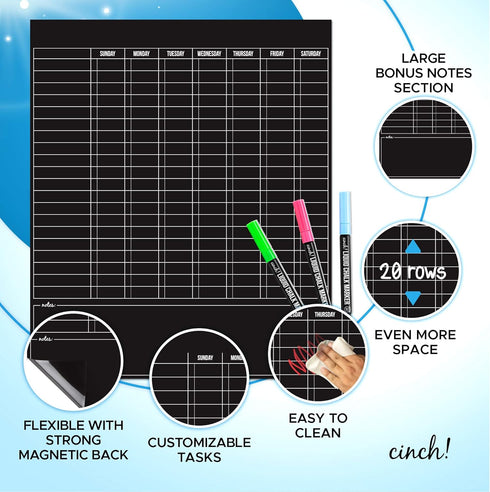 Cinch Magnetic Dry Erase Chores Chart for Kids (17x20 inches, Black) - 6 Whiteboard Markers with Magnets...