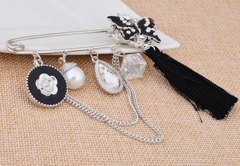 Black Enamel Crystal Butterfly Large Safety Pins Brooch with Tassel Camellia Pearl Charm 3.2" L...