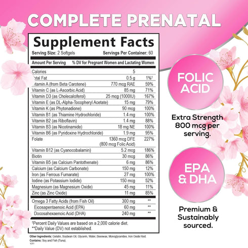 Hello Lovely! Women's Prenatal Multivitamin with Folic Acid + DHA, Prenatal Vitamins w/Folate, Omega 3, Vitamins D3, B6, B12 & Iron, Pregnancy Sup...