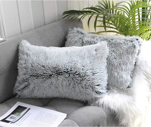 Uhomy 2 Packs Fluffy Accent Pillows Cover 20"x12", Soft Gray Ombre Faux Fur Throw Pillow Case, Modern Luxury Decorative Square Cushion Cover for F...