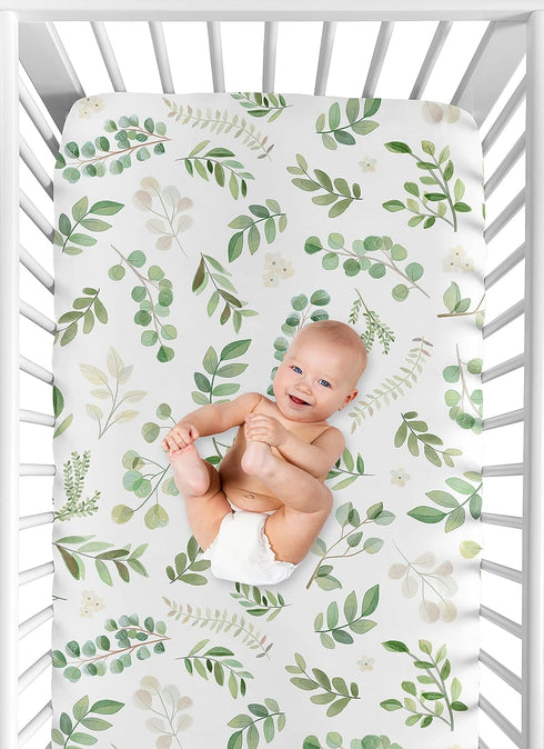 Sweet Jojo Designs Floral Leaf Girl Fitted Crib Sheet Baby or Toddler Bed Nursery - Green and White Boho Watercolor Botanical Woodland Tropical Ga...