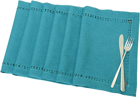 Grelucgo Set of 6 Handmade Hemstitch Teal Table Placemats, Rectangular 12 by 18 Inch...