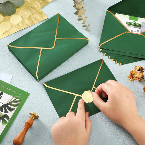 Teling 50 Pcs A7 Envelopes 5 x 7 Card Envelopes and 50 Pcs Gold Embossed Wax Seal Envelopes Self Adhesive V Flap Envelopes with Gold Border for Gr...