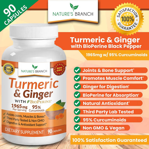 Extra Strength Turmeric Curcumin and Ginger & BioPerine - 1965mg Joint Support Supplement for Aches with Black Pepper Powder Extract - Premium Mad...