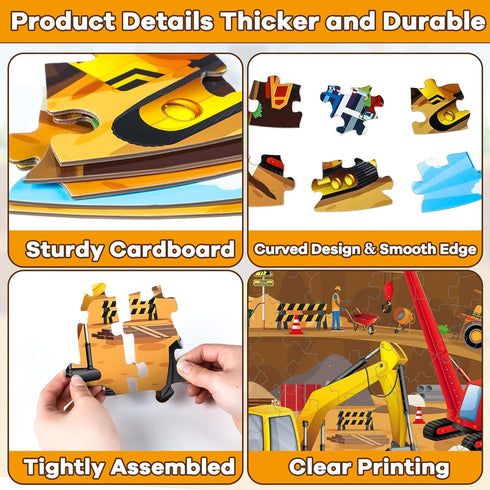 Construction Jumbo Floor Puzzle for Kids 71Pcs Construction Vehicle Large Floor Round Puzzles for Toddler Ages 3-8 Construction Truck Cars Theme D...