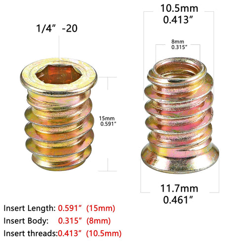 80 Pieces 1/4"-20 Wood Inserts Bolt Furniture Screw in Nut Threaded Fastener Connector Hex Socket Drive for Wood Furniture Assortment (1/4"-20 x15...