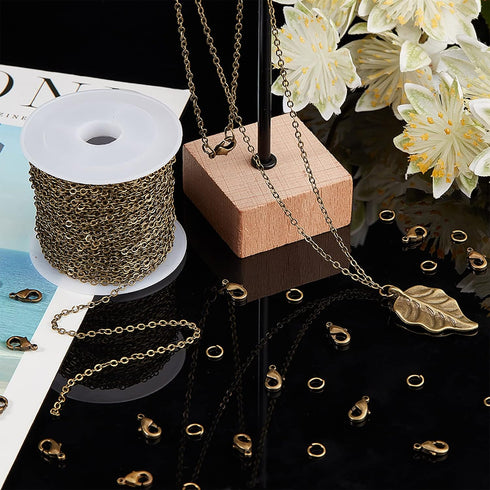 SUNNYCLUE 32.8Feet/10m Antique Bronze Chain Bulk Brass Curb Chain 2.6x2x0.3mm Links Cable Chains for Jewelry Making Chains 100Pcs Iron Jump Rings ...