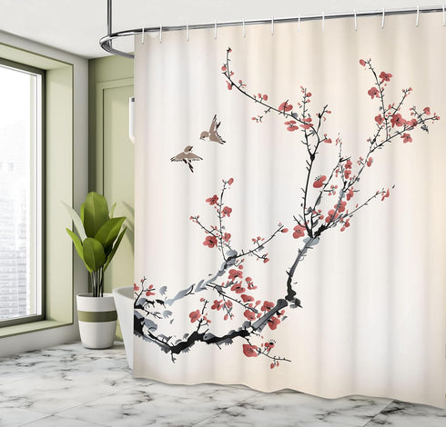 Ambesonne Nature Shower Curtain, Flowers Buds Birds with Cherry Branches Style Art Painting Effect, Cloth Fabric Bath Decoration for Bathroom Hous...