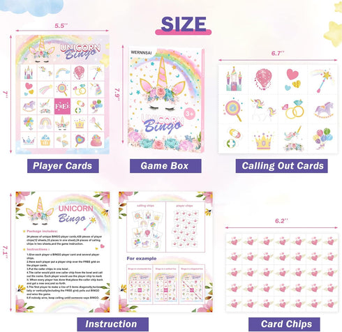 WERNNSAI Unicorn Party Games Unicorn Bingo Cards for 24 Players- Rainbow Birthday Party Game for Girls Kids Adults Board Game Classroom Family Act...