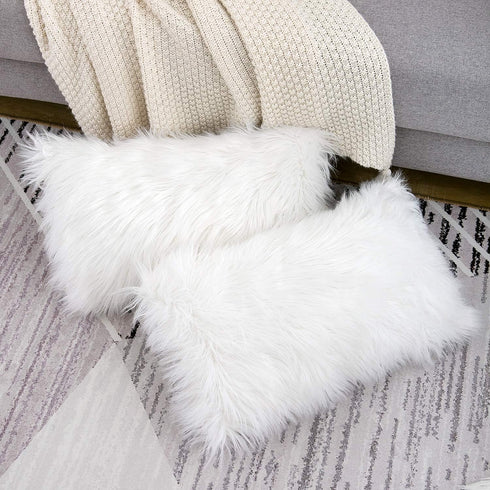 WLNUI Set of 2 White Decorative Lumbar Fluffy Pillow Covers New Luxury Series Merino Style Faux Fur Throw Pillow Covers Fuzzy Cushion Case Spring ...
