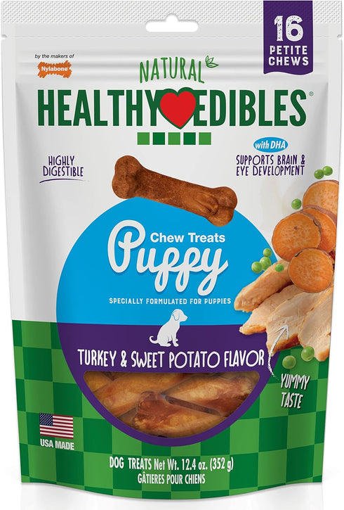 Nylabone Healthy Edibles Natural Puppy Chews Long Lasting Turkey & Sweet Potato Flavor Treats for Dogs, X-Small/Petite (16 Count)...
