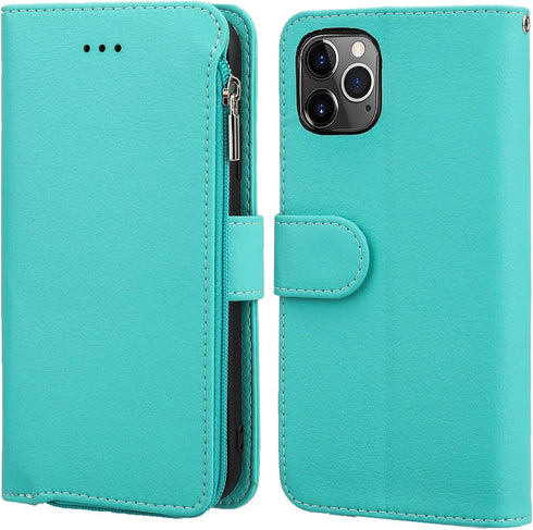 KIHUWEY Compatible with iPhone 12 Pro Max Wallet Case Premium Leather Zipper with Card Holder and Wrist Strap,Kickstand and Protective Lanyard Pur...