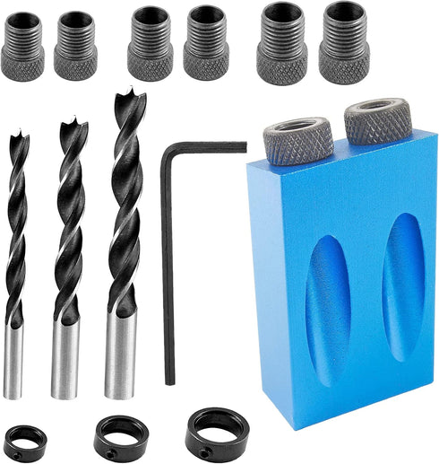 14 Pcs Pocket Hole Jig Kit, 15 Degree Woodworking Inclined Hole Jig with 6/8/10mm Drive Adapter and Clip...