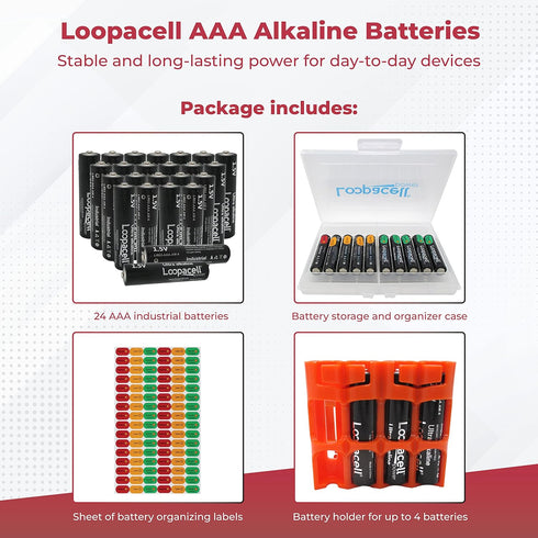 AAA Alkaline Industrial Batteries (Pack of 24) 1.5V - Includes Battery Organizer kit...