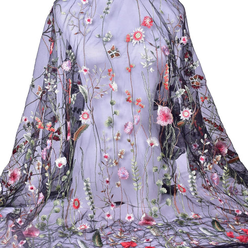 Black Lace Fabric, Exquisite Colorful Floral Flower Embroidered Sewing Lace Fabric, Length 71" Width 59" Elegant Soft Tulle Dress Fabric for DIY C...