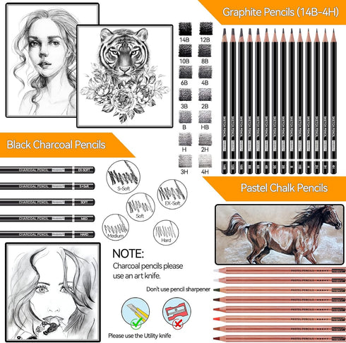 PANDAFLY Drawing Sketching Pencil Set, 42 Pack Pro Art Pencil Kit with Graphite Pencils (14B-4H), Charcoal Pencil, Ideal for Shading, Blending, Dr...