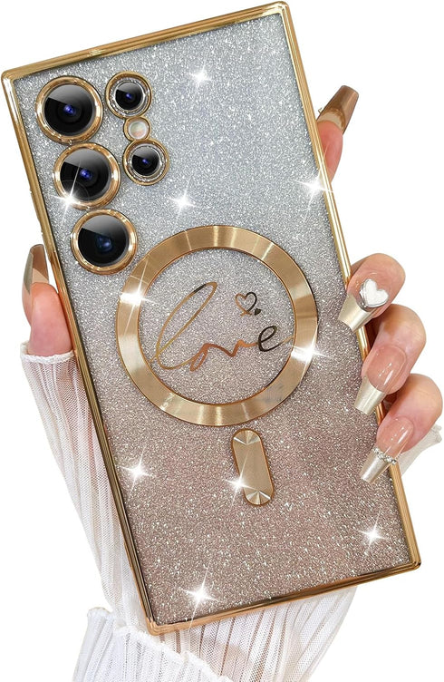 Fiyart Designed for Samsung Galaxy S24 Ultra Case,Compatible with MagSafe Love Heart Plating Camera Protection Clear Phone Case, Magnetic Glitter ...