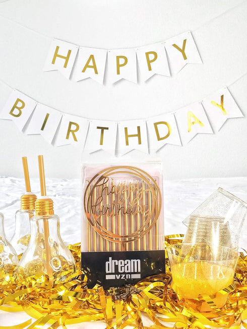 24 Count Tall Thin Metallic Gold Slow Burning Birthday Candles in Holders, and Matching Classy Cake Topper for Special Custom Birthday Cake Cupcak...