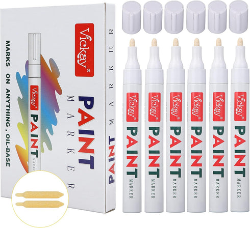 Vickay Paint Pens Marker White for Rock, Stone, Ceramic, Metal, Glass, Wood, Set of 6 Medium Tip Paint Markers High Volume Ink Water Resistant for...