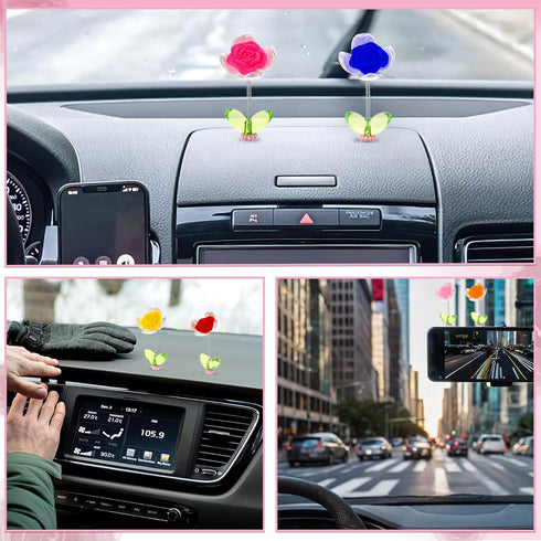 Roses Car Dashboard Decorations, 6 Pcs Mini Paste Shaking Head Floewr Car Mirror Dashboard Decor for Car Interior Home Office Desk Decoration...