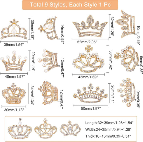 CHGCRAFT 9Pcs 9 Styles Crystal Rhinestone Crown Brooch Pin for Women Open Pave Crystal Wedding Brooch Scarf Pin Gift for Women Womens Mother Shirt...