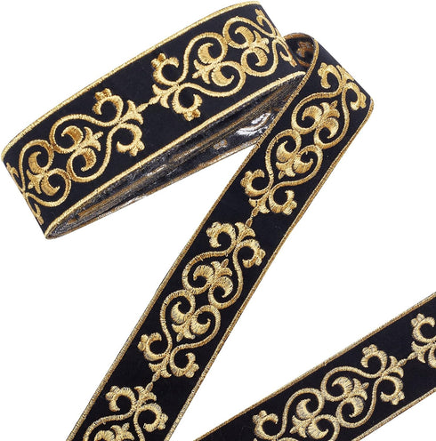 PH PandaHall 1.75 Inch Jacquard Ribbon, 4 Yards Hot Adhesive Floral Trim Black Gold Embroideried Lace Trim Woven Ribbon Fabric Trim Fringe for Sew...