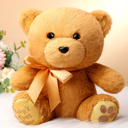 10 Inch Bear Stuffed Animal First Bear Baby Shower Bear Plush Toy for Wedding Birthday Baby Shower Party Favor Gift(Brown)...