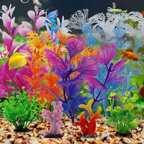 Fish Tank Decorations Plants with Resin Coral, 8 pcs Aquarium Decorations Small Plants Plastic, Fish Tank Accessories, Aquarium Decor...